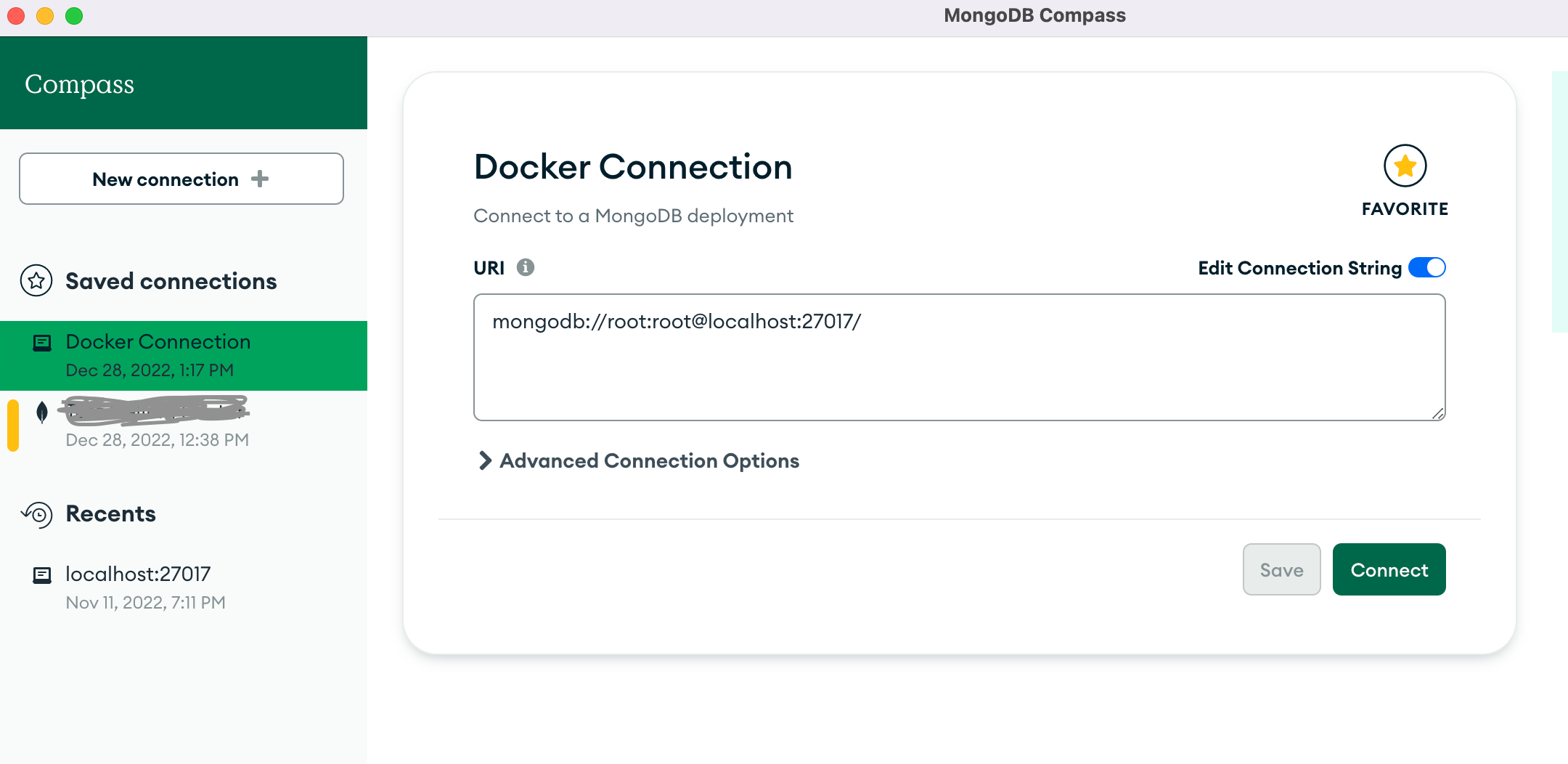 MongoDB URI string to connect MongoDB inside Docker